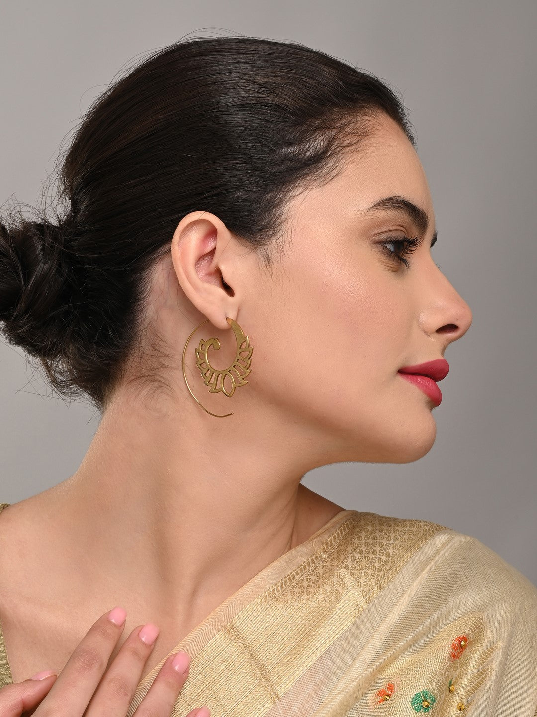 Gold-Plated Spiral Lotus Hoop Earrings