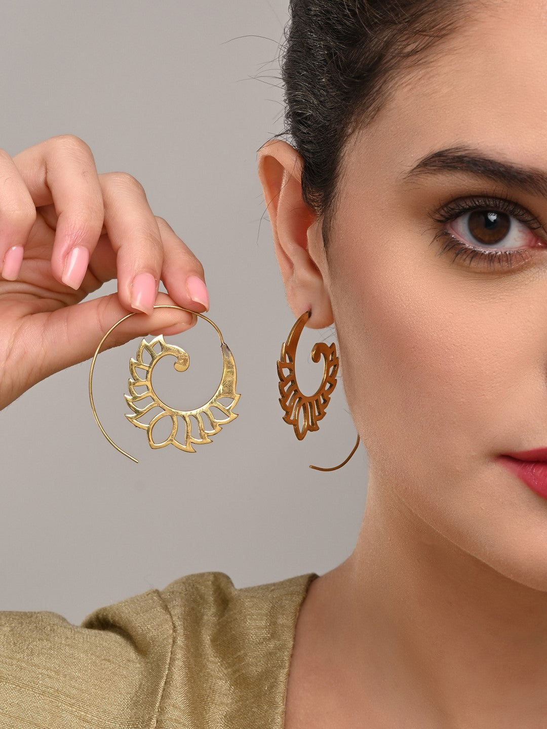Gold-Plated Spiral Lotus Hoop Earrings
