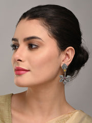 Silver Oxidized Flower Drop Earrings with Self-Embossing