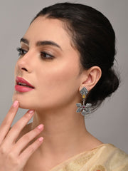 Silver Oxidized Flower Drop Earrings with Self-Embossing