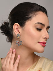 Silver Oxidized Flower Drop Earrings with Self-Embossing