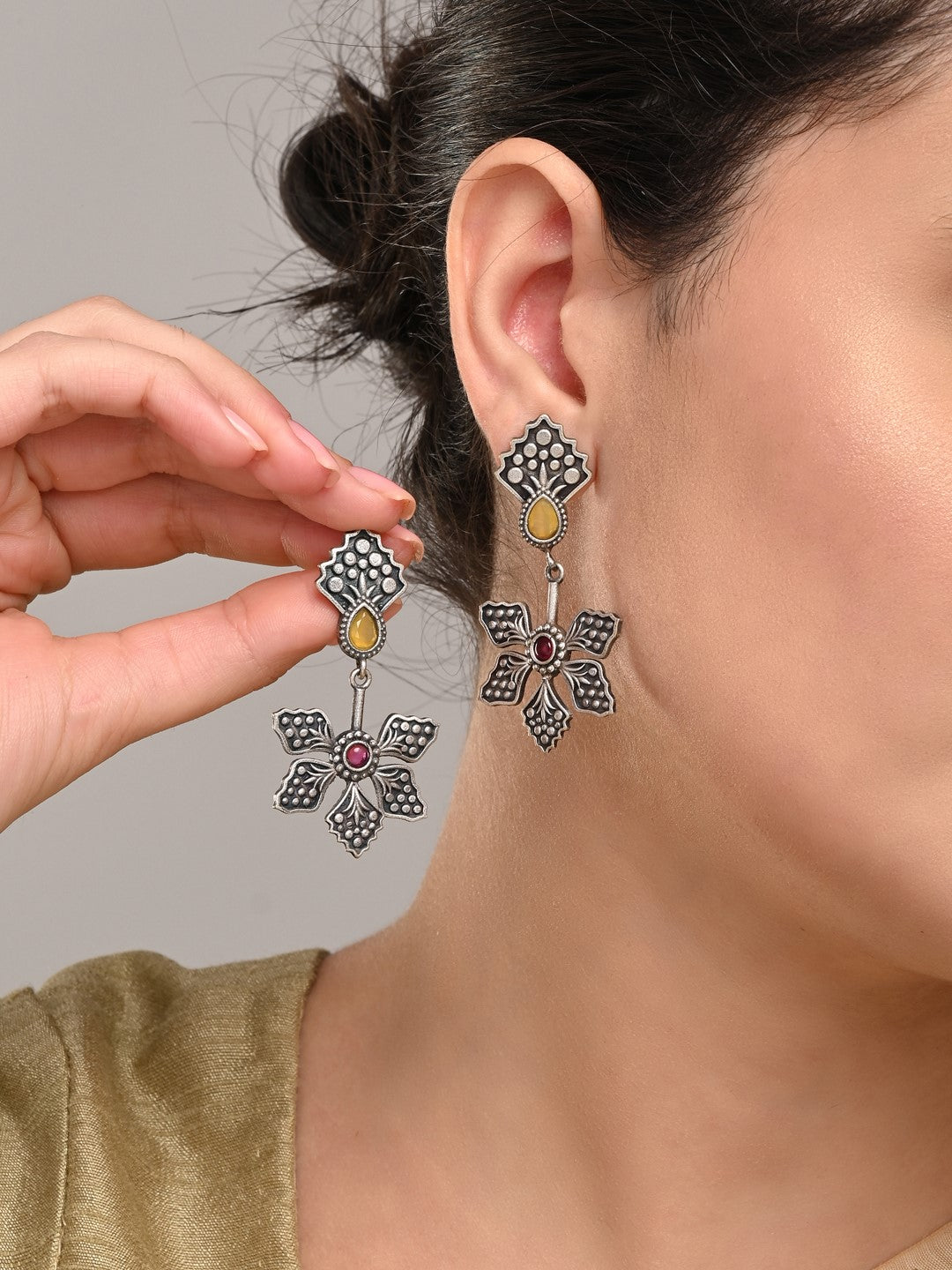 Silver Oxidized Flower Drop Earrings with Self-Embossing