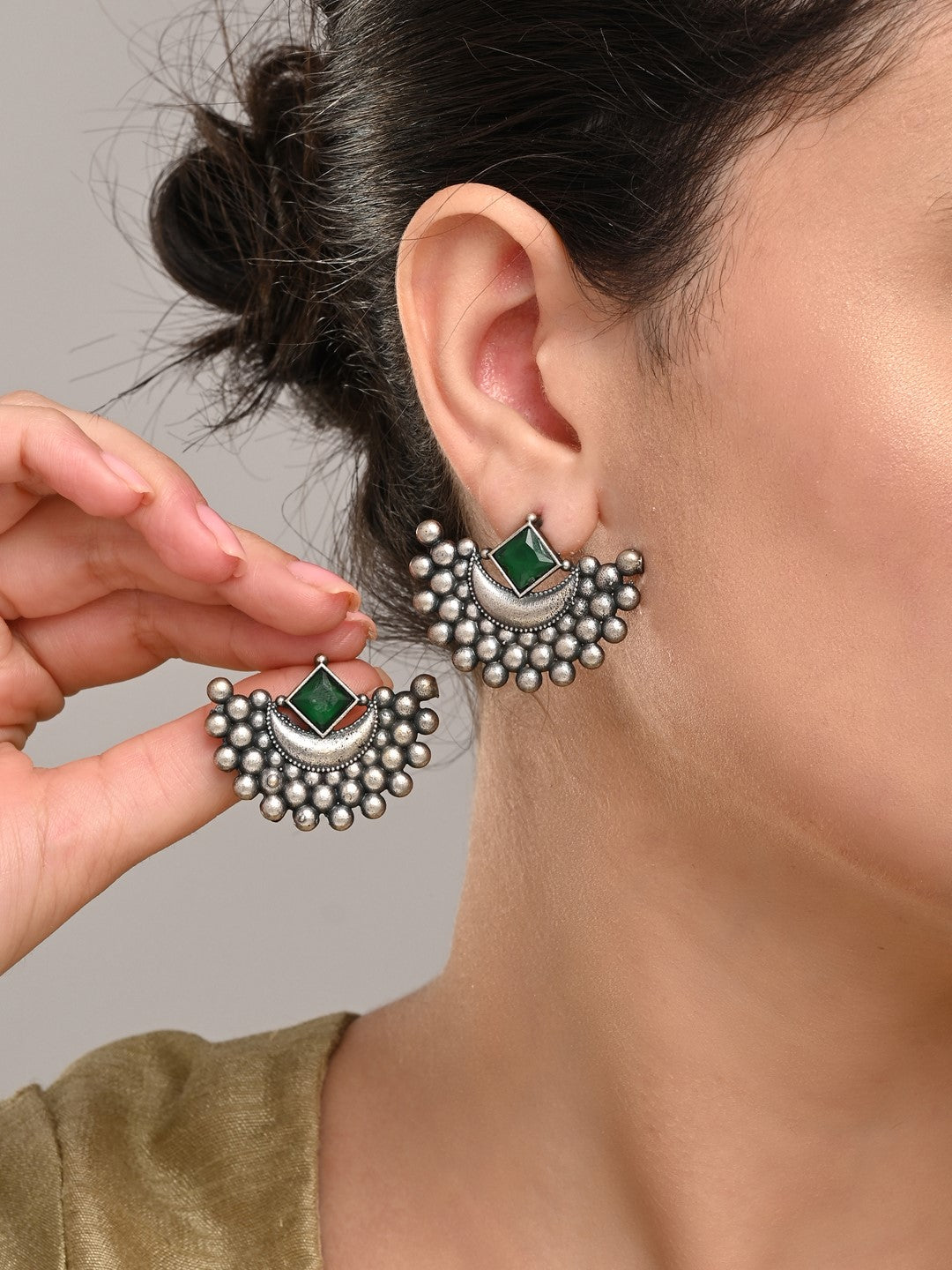 Crescent moon Studs Green