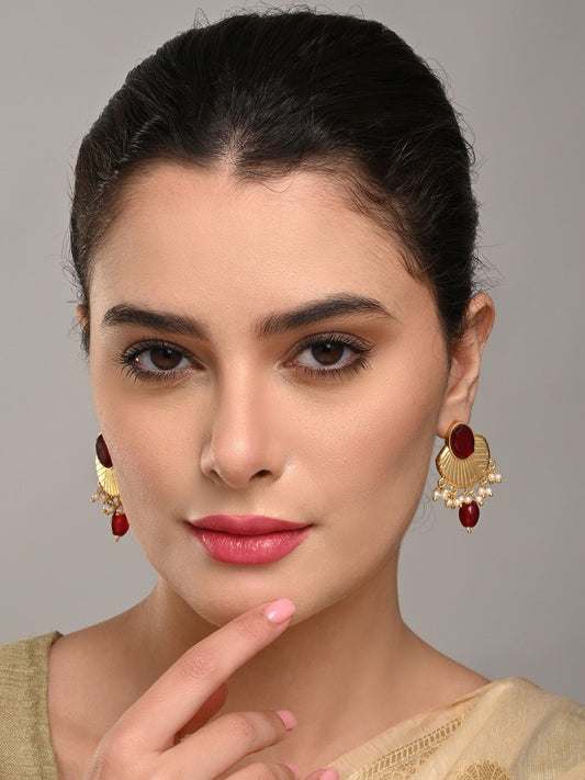 Gold plated Studs with red stone & red pearl drops