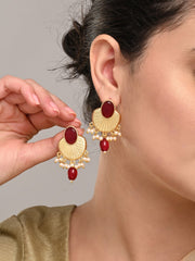 Gold plated Studs with red stone & red pearl drops