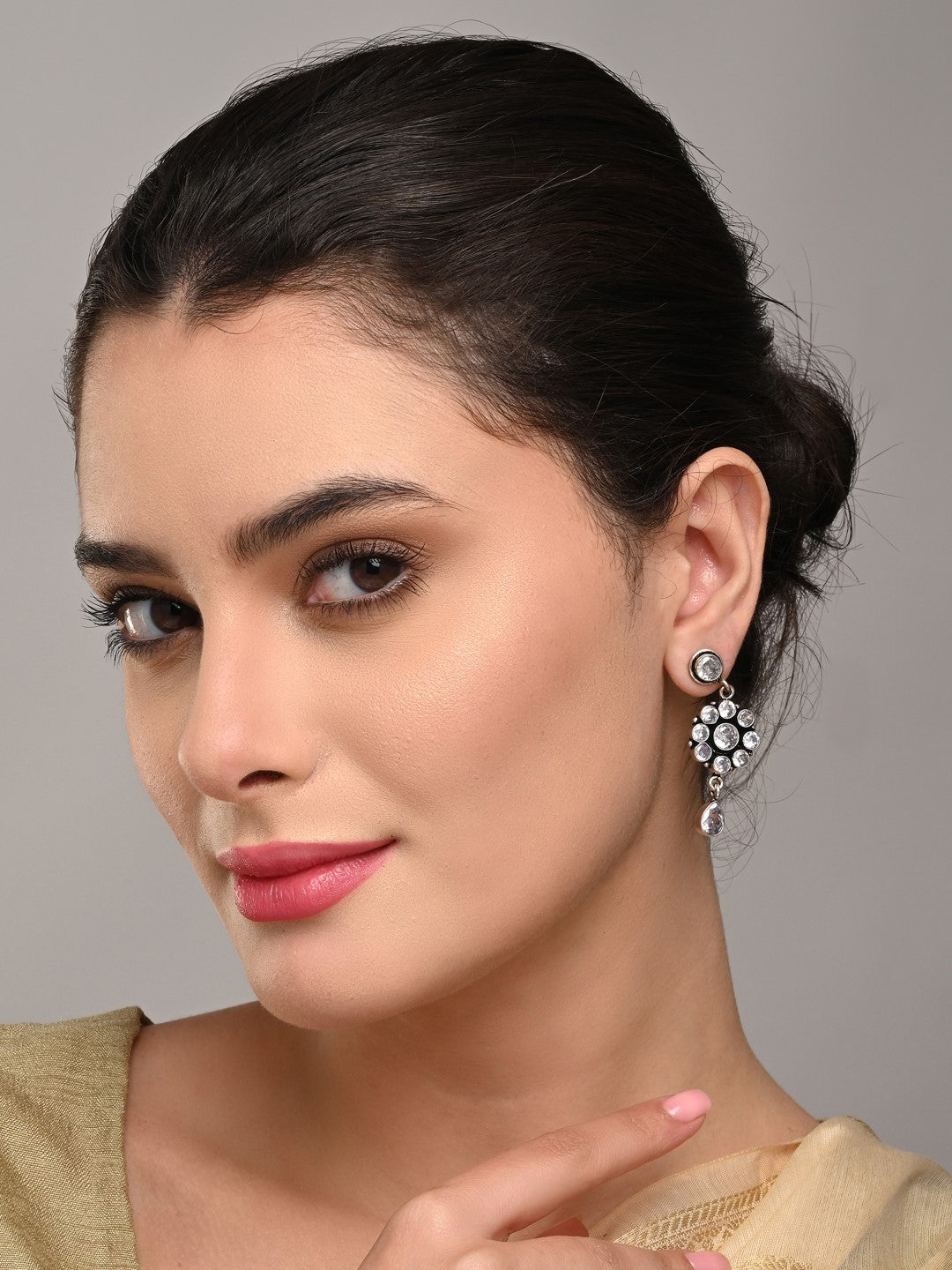 Brass White AD Stone Drop Earrings with Floral & Teardrop Design