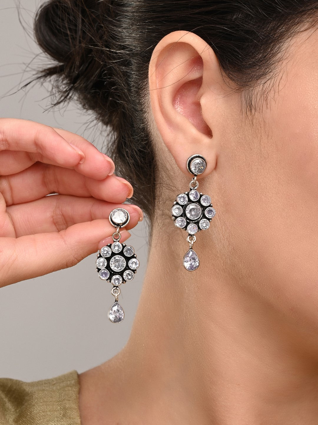 Brass White AD Stone Drop Earrings with Floral & Teardrop Design