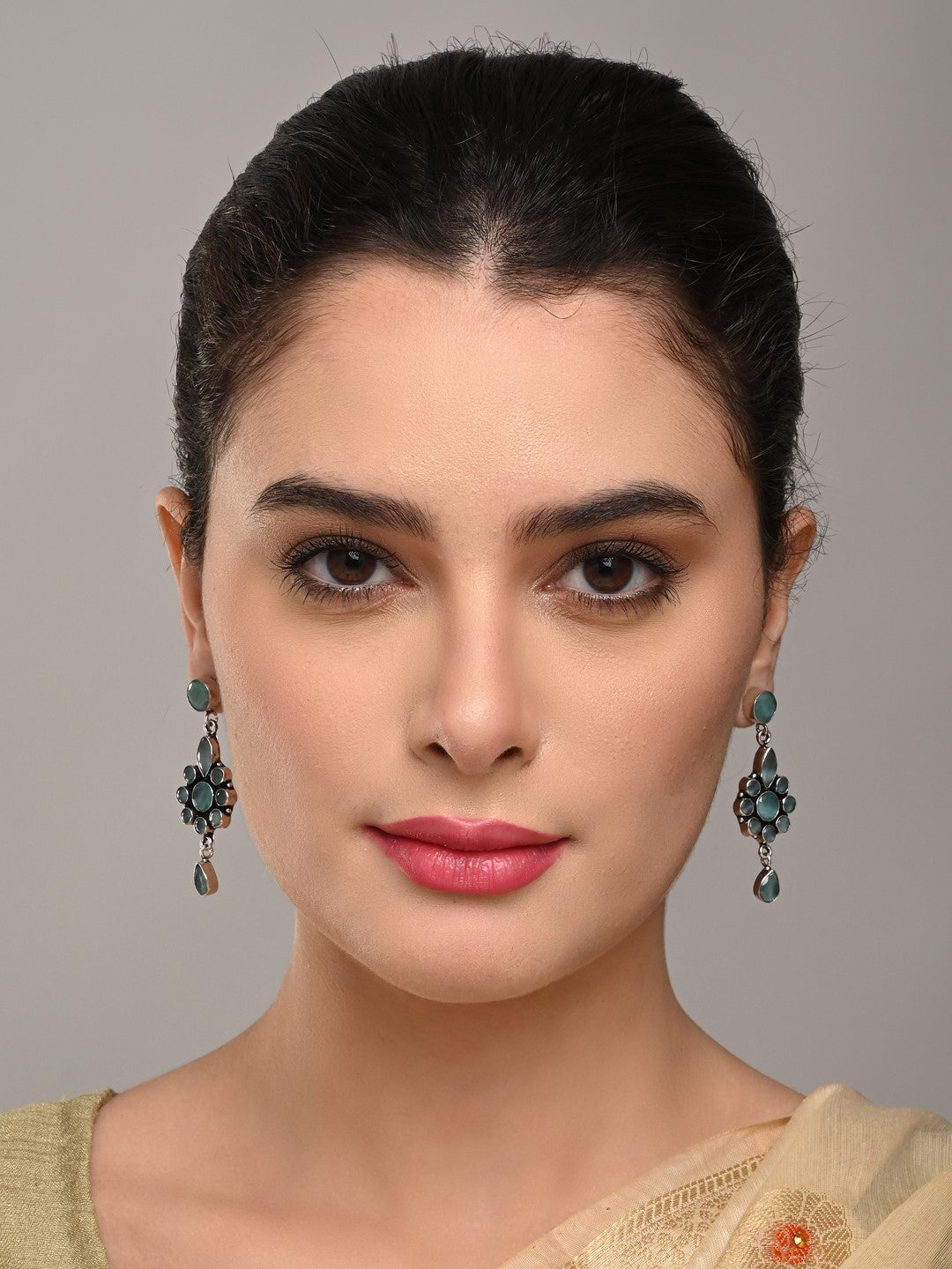 Brass Mint AD Stone Drop Earrings with Floral & Teardrop Design
