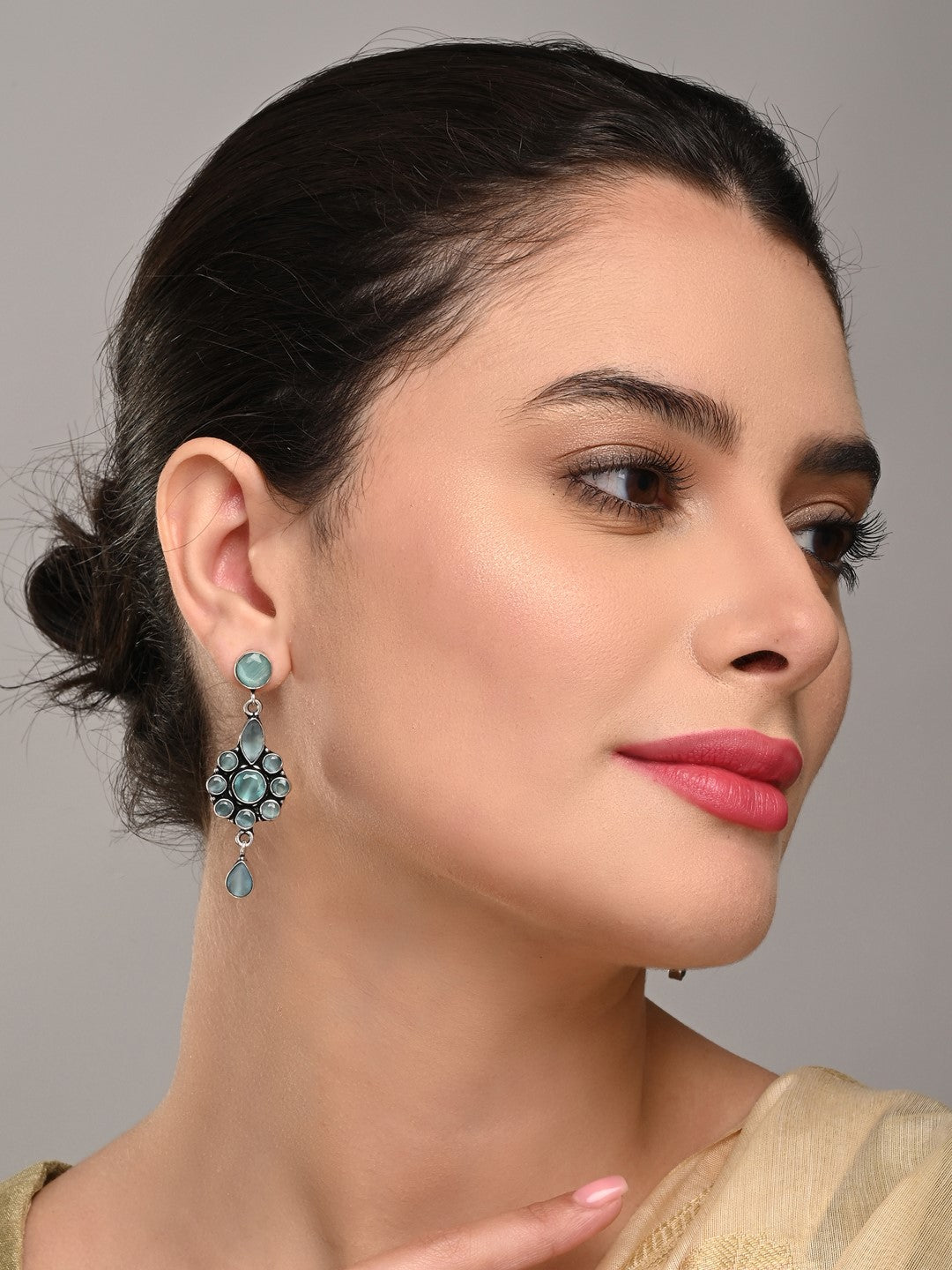 Brass Mint AD Stone Drop Earrings with Floral & Teardrop Design