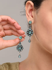 Brass Mint AD Stone Drop Earrings with Floral & Teardrop Design