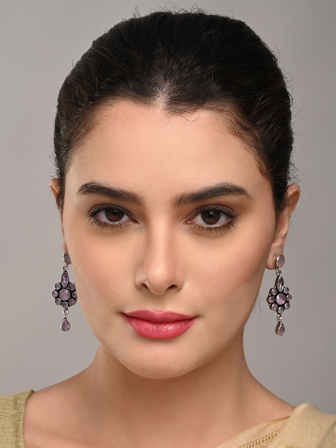 Brass Pink AD Stone Drop Earrings with Floral & Teardrop Design