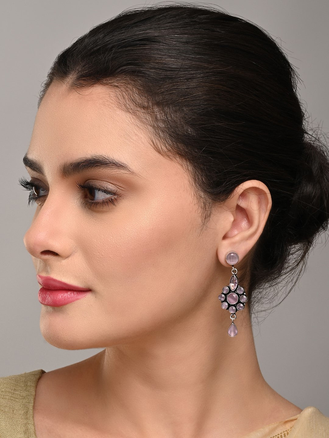 Brass Pink AD Stone Drop Earrings with Floral & Teardrop Design