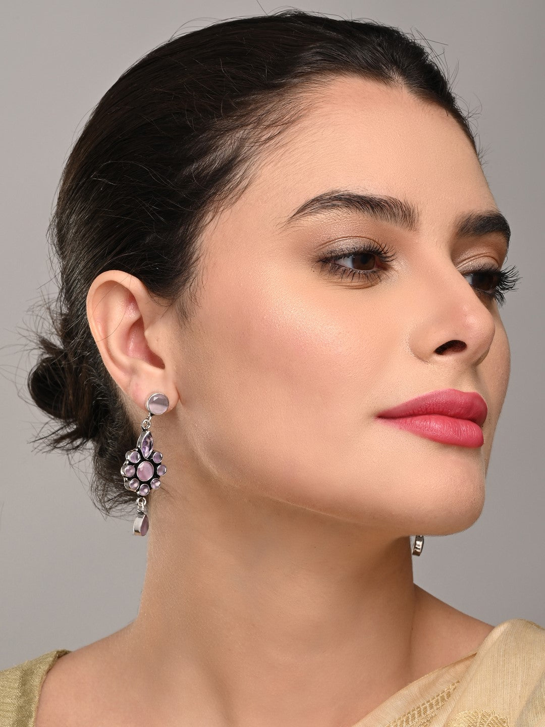 Brass Pink AD Stone Drop Earrings with Floral & Teardrop Design