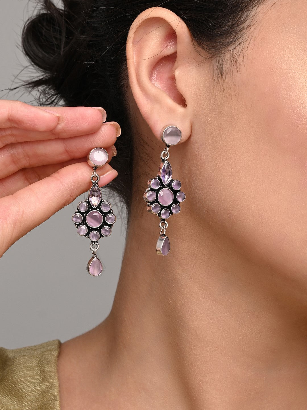 Brass Pink AD Stone Drop Earrings with Floral & Teardrop Design