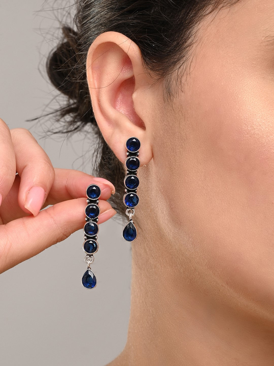 Elegant Long Stud Earrings with Teardrop Design Blue