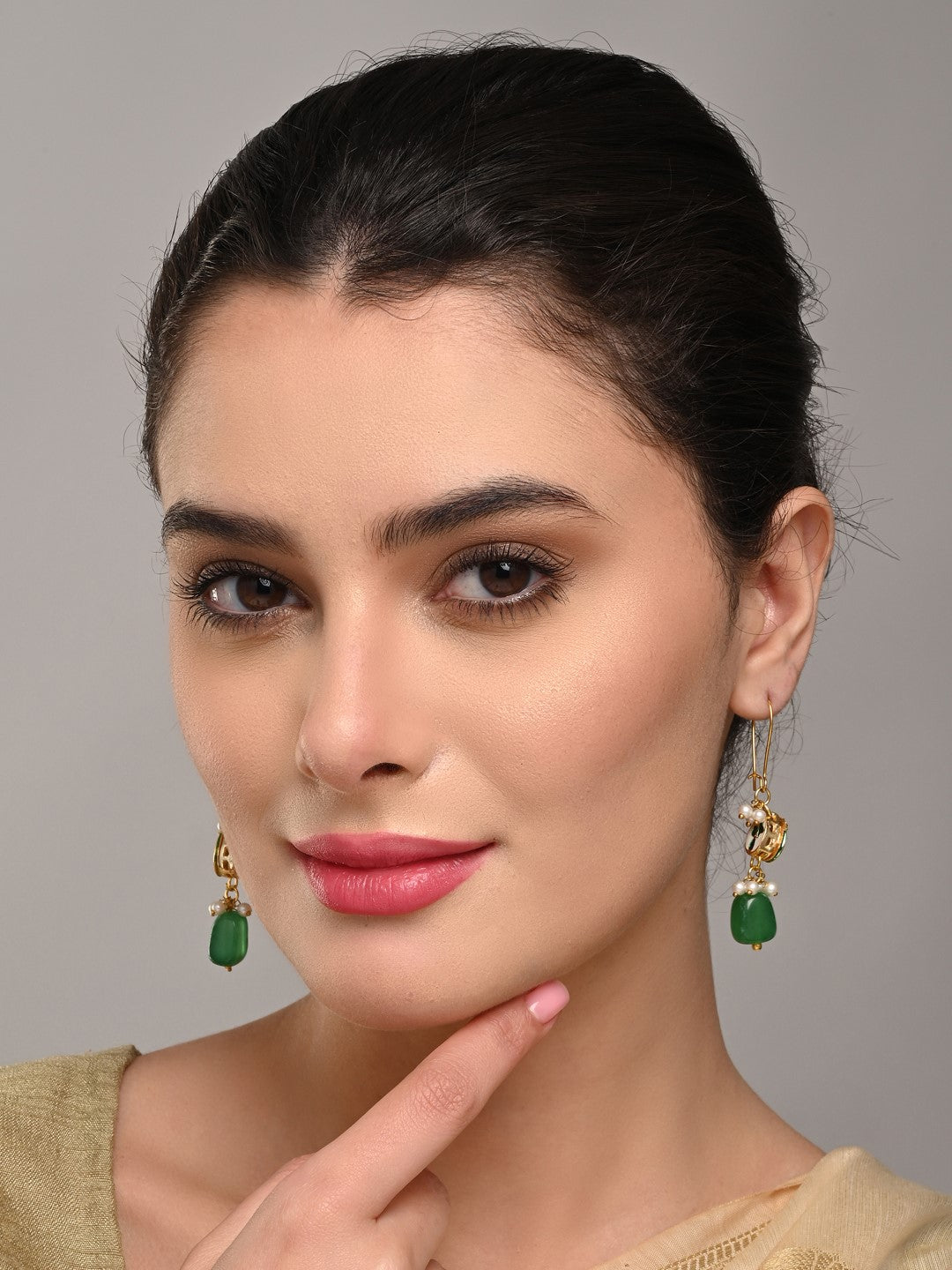 Gold-Plated Kundan & Natural Green Stone Drop Earrings