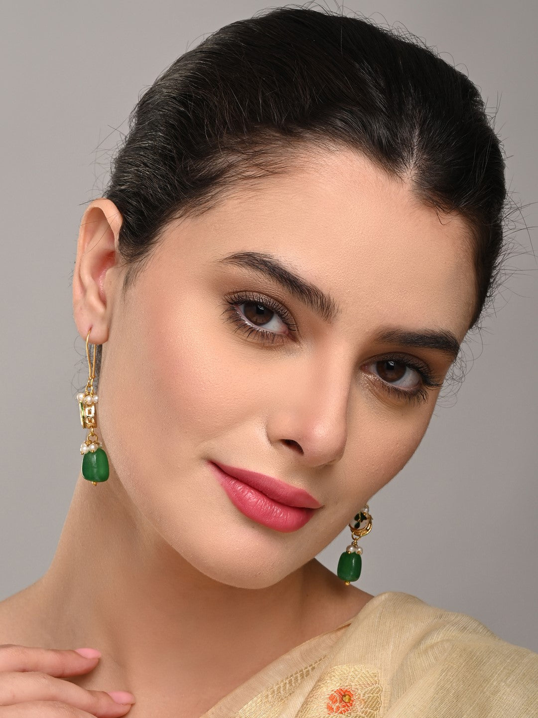 Gold-Plated Kundan & Natural Green Stone Drop Earrings
