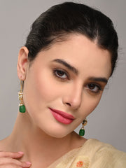 Gold-Plated Kundan & Natural Green Stone Drop Earrings