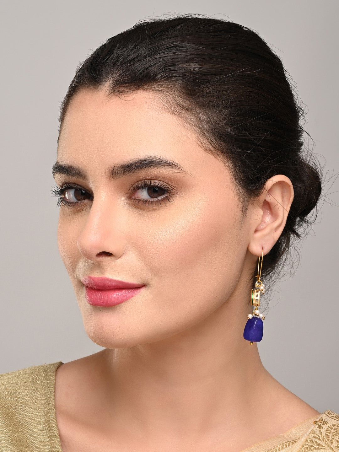 Gold-Plated Kundan & Natural Blue Stone Drop Earrings