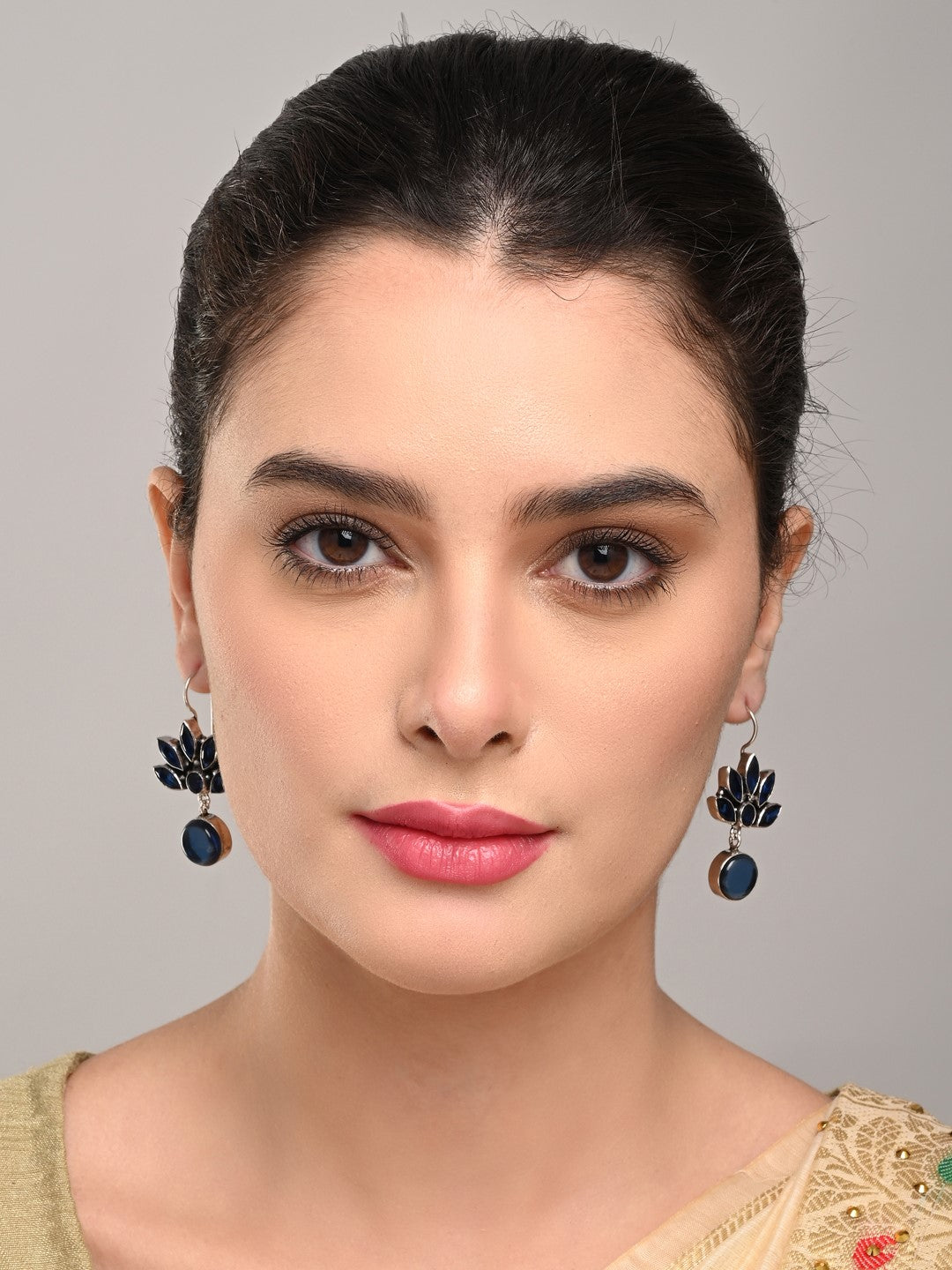 Silver Oxidized Lotus Drop Earrings Navy