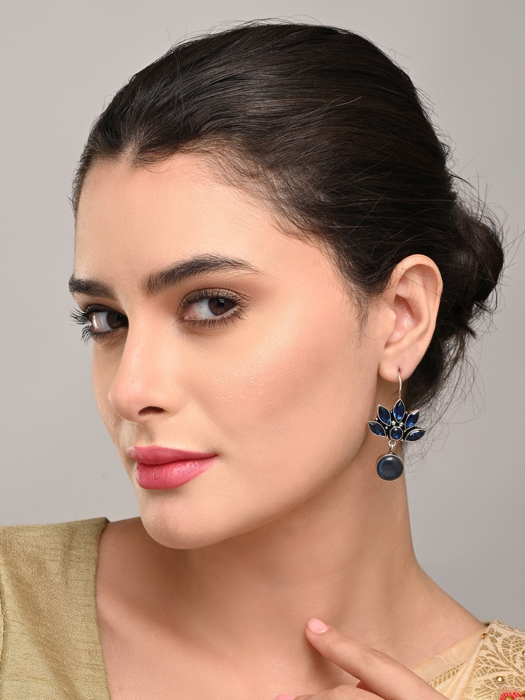 Silver Oxidized Lotus Drop Earrings Navy