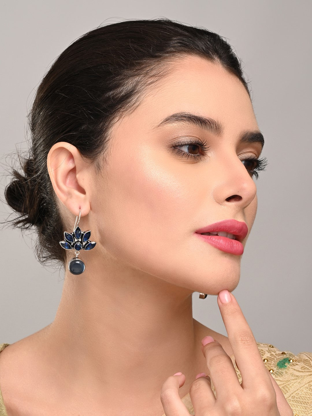 Silver Oxidized Lotus Drop Earrings Navy
