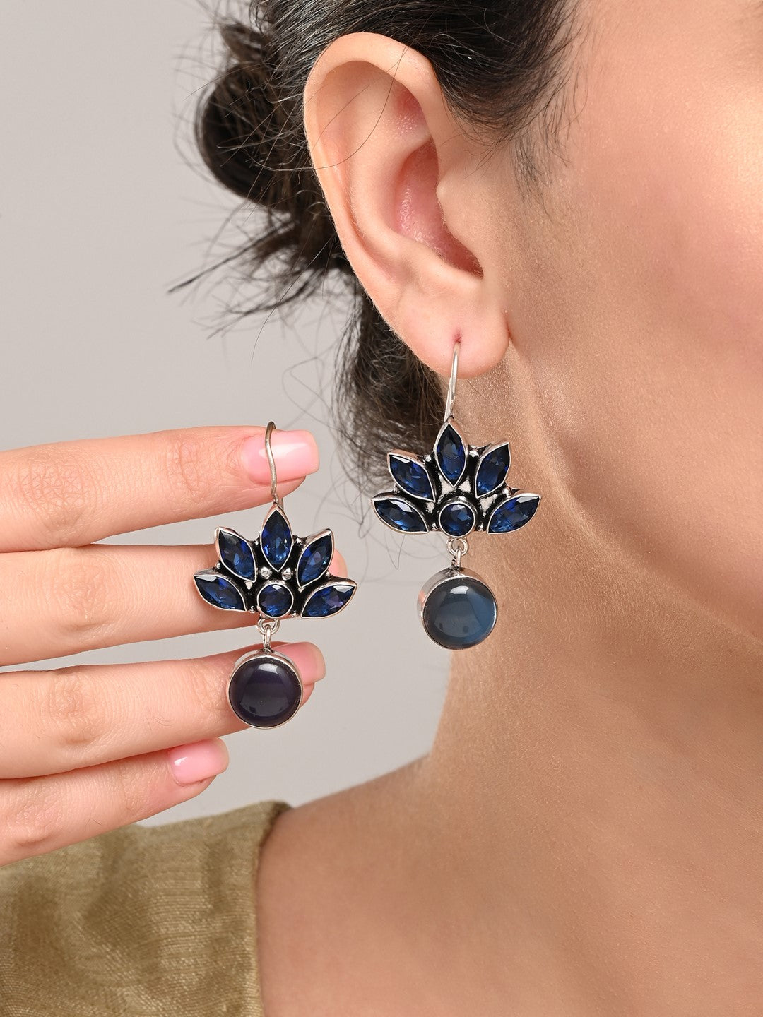 Silver Oxidized Lotus Drop Earrings Navy