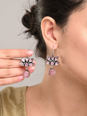 Silver Oxidized Lotus Drop Earrings Pink