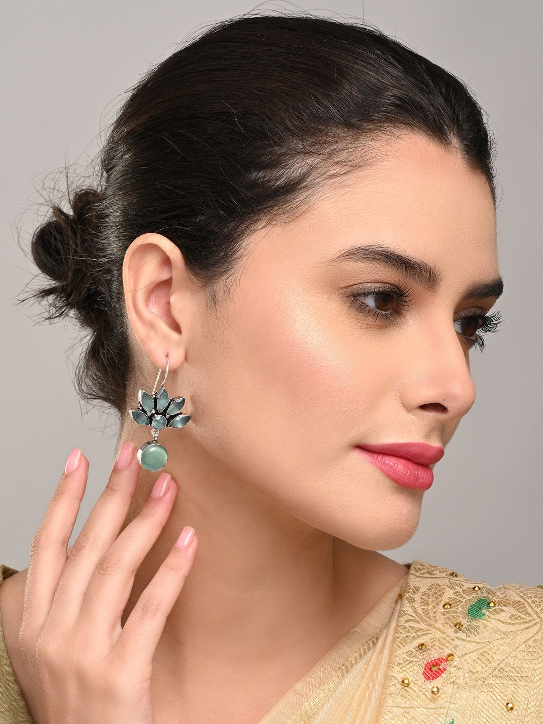 Silver Oxidized Lotus Drop Earrings Mint