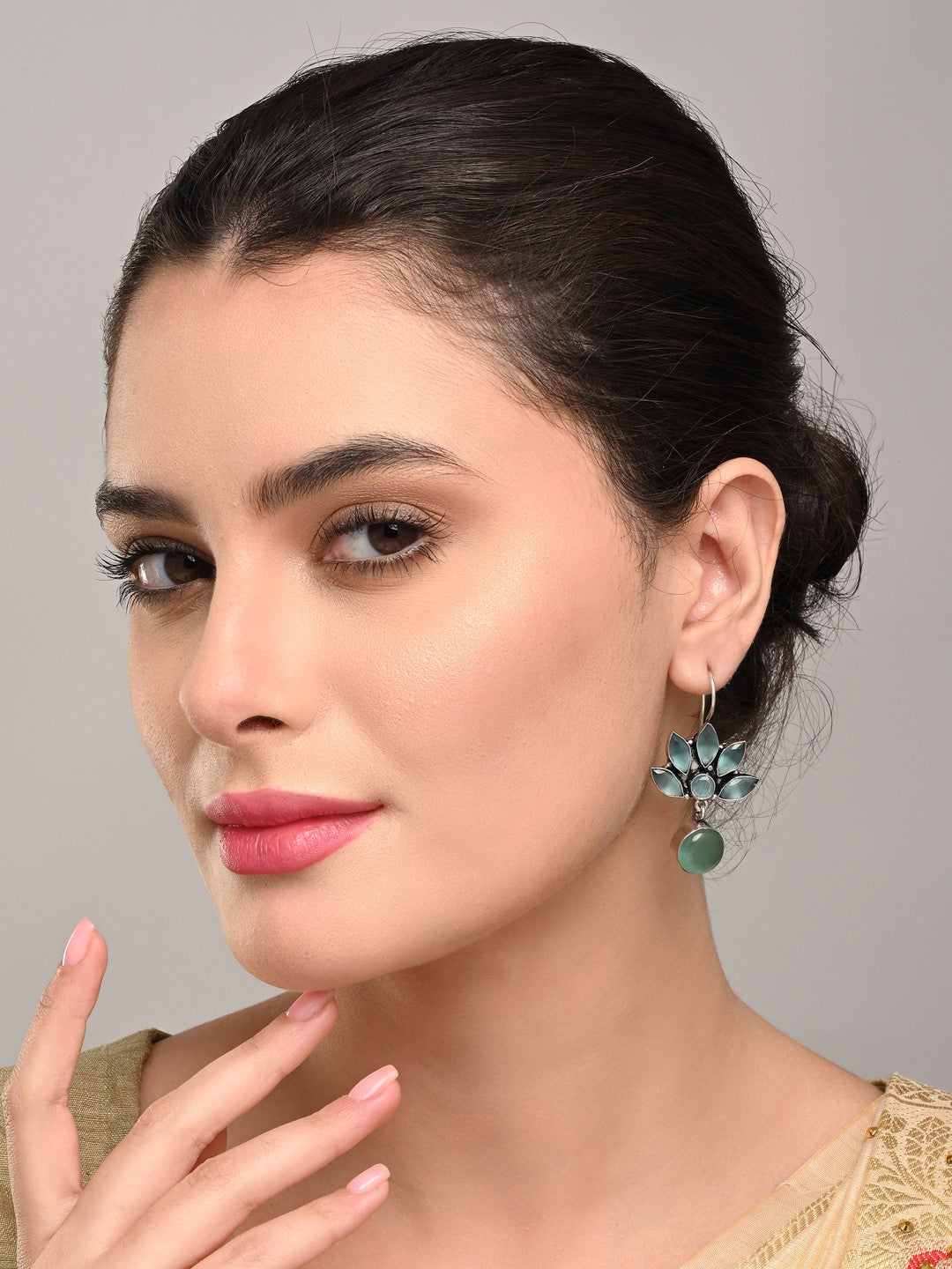 Silver Oxidized Lotus Drop Earrings Mint