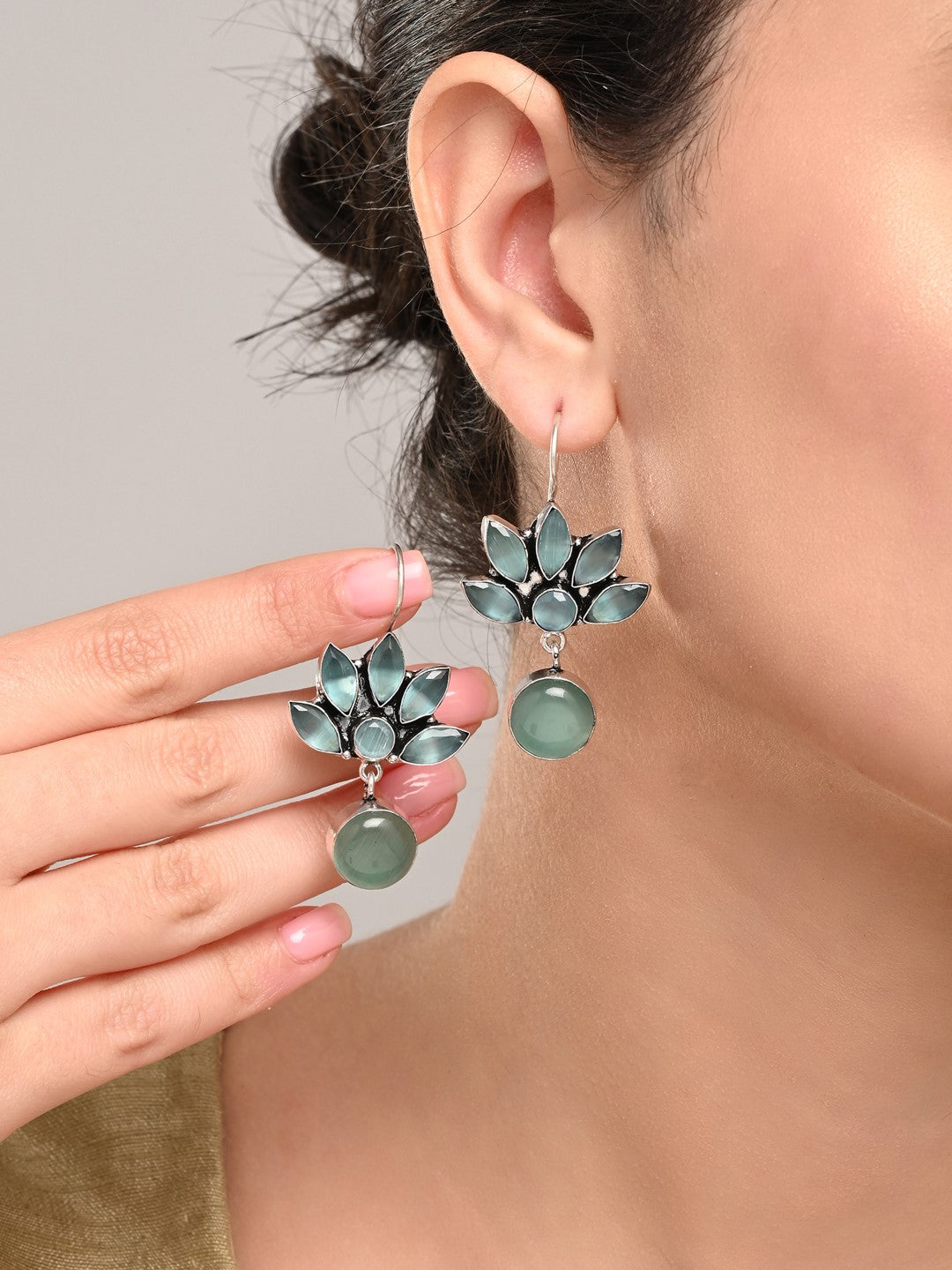 Silver Oxidized Lotus Drop Earrings Mint