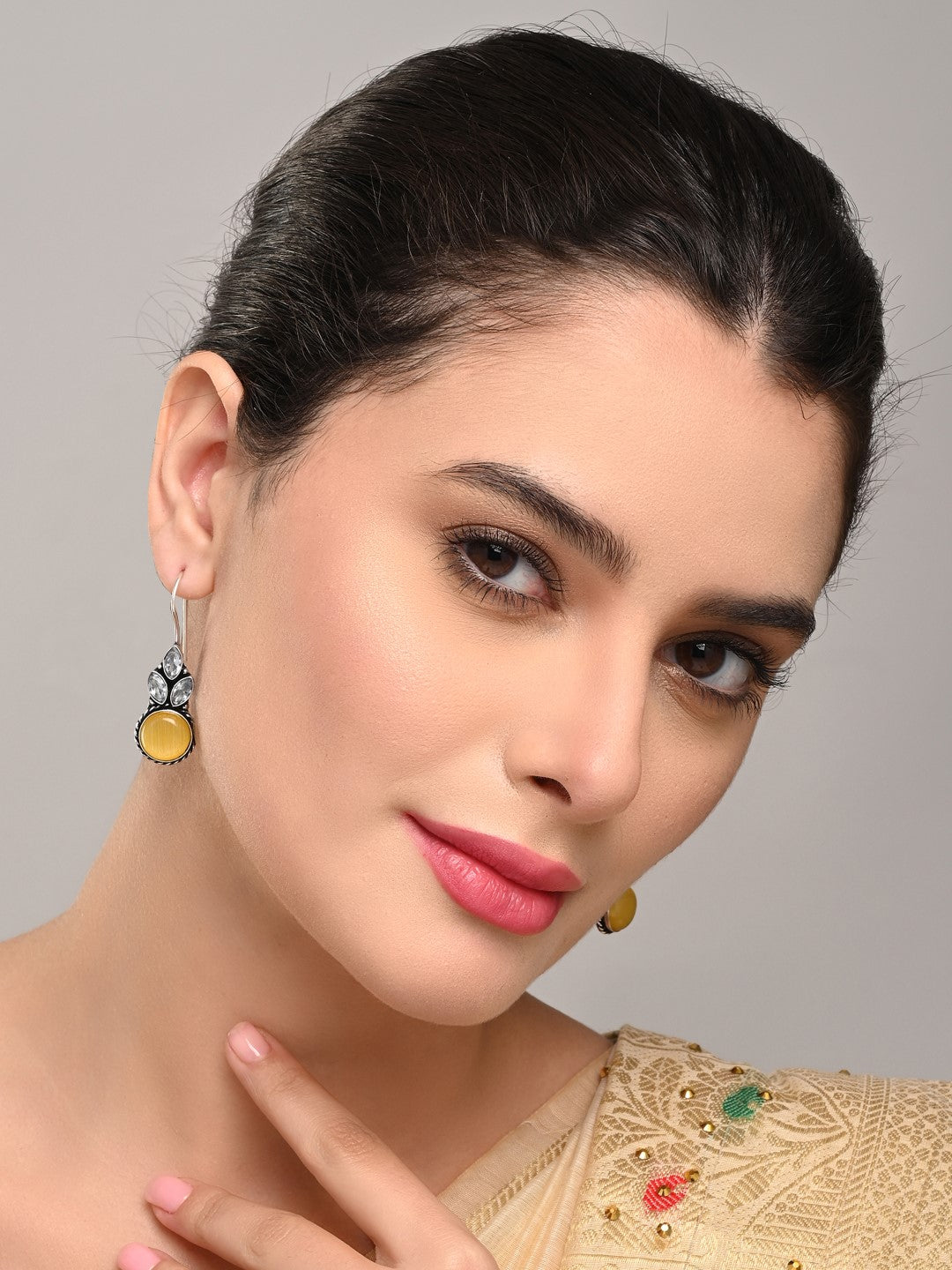 Elegant yellow AD Stone Drop Earrings with Fish Hook Closure
