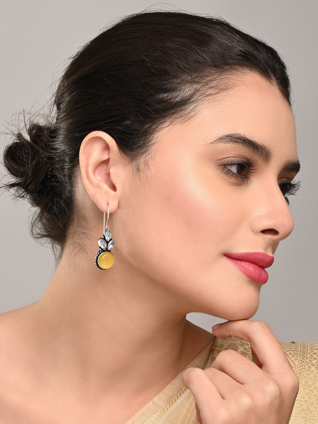 Elegant yellow AD Stone Drop Earrings with Fish Hook Closure