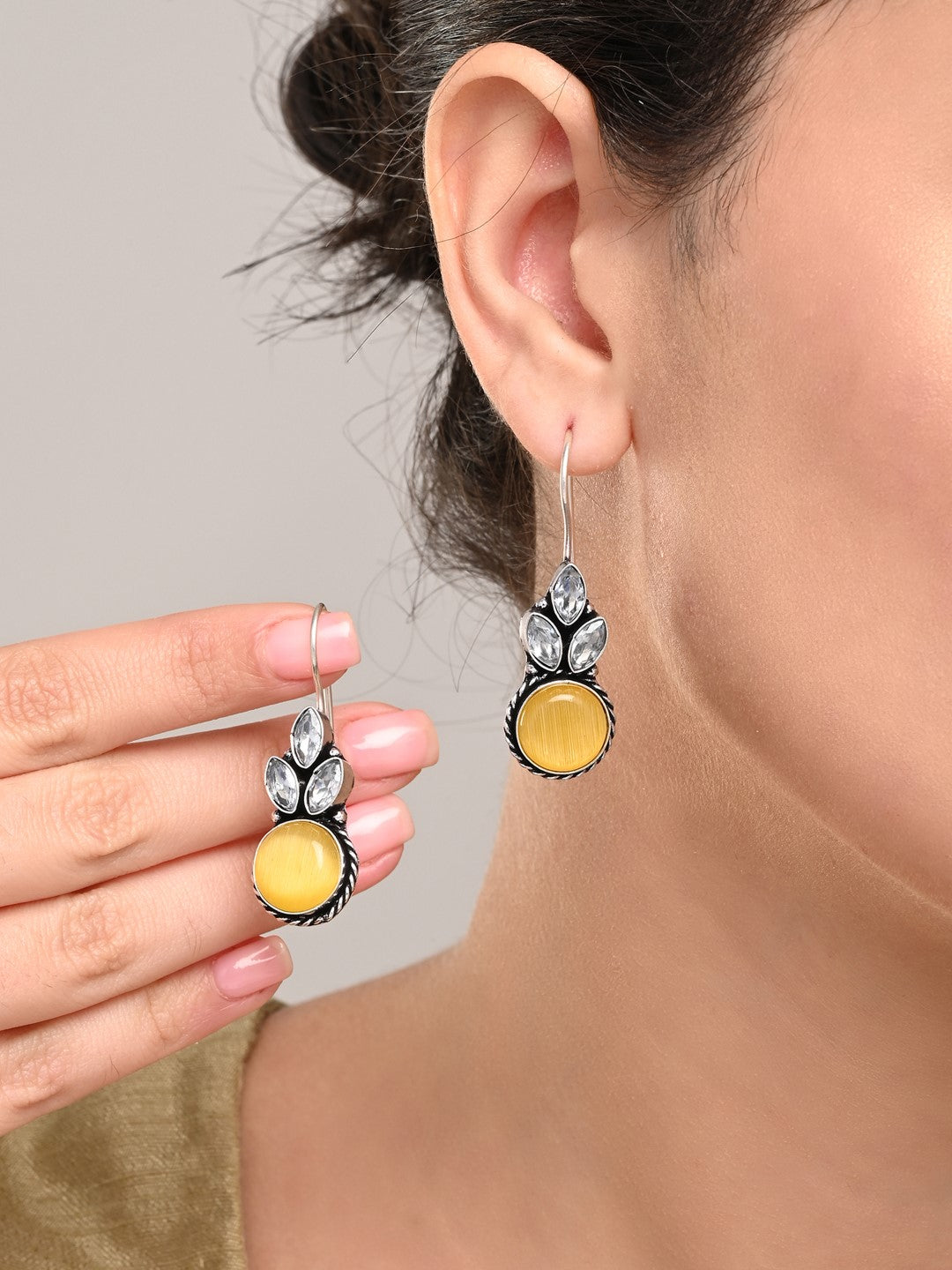 Elegant yellow AD Stone Drop Earrings with Fish Hook Closure