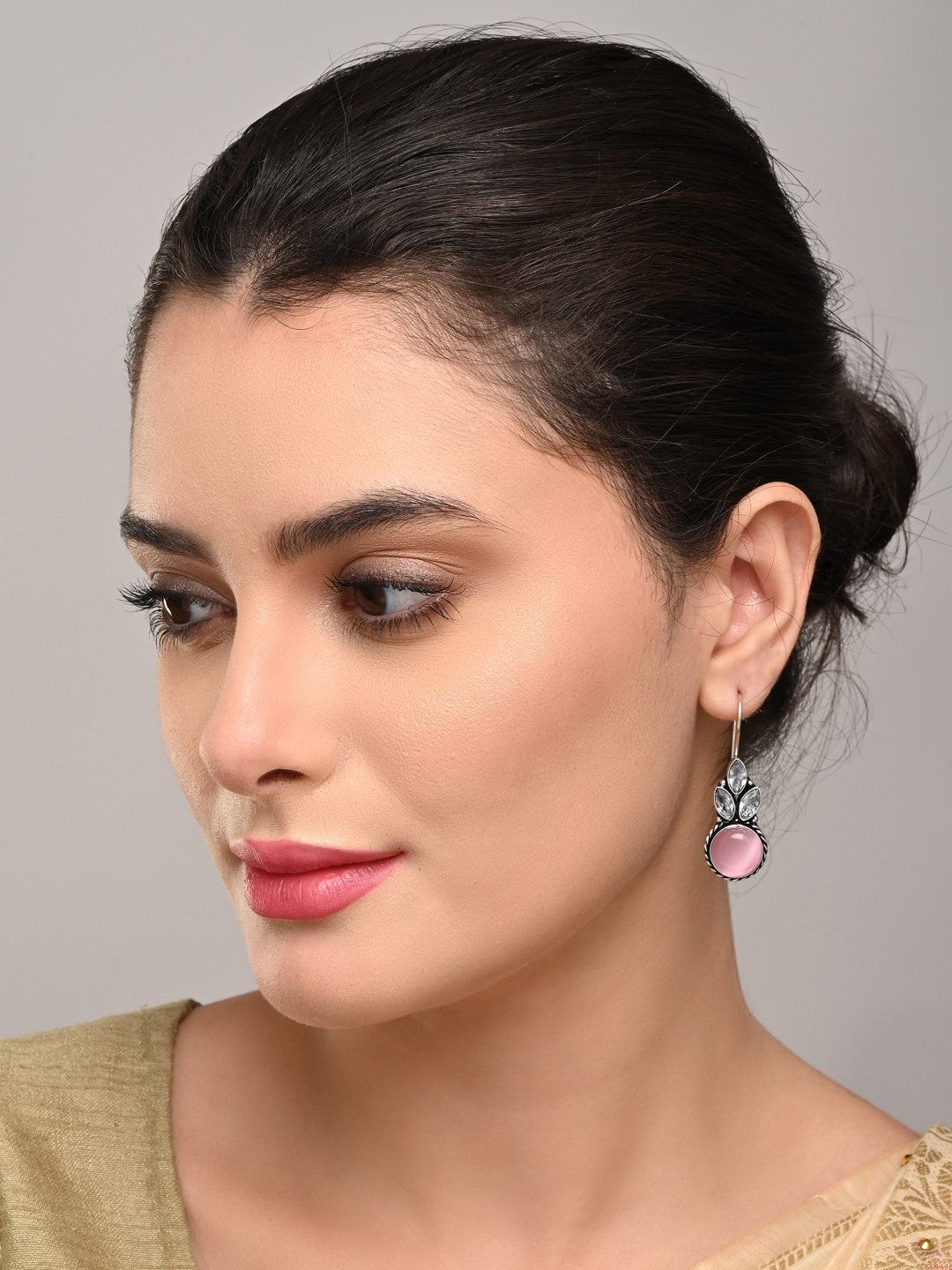Elegant Pink AD Stone Drop Earrings with Fish Hook Closure