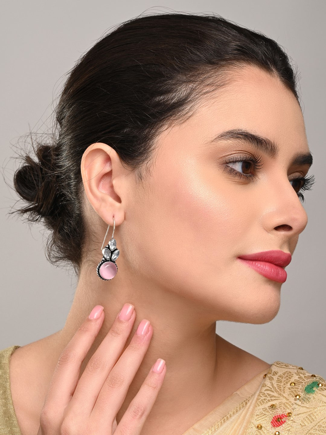 Elegant Pink AD Stone Drop Earrings with Fish Hook Closure