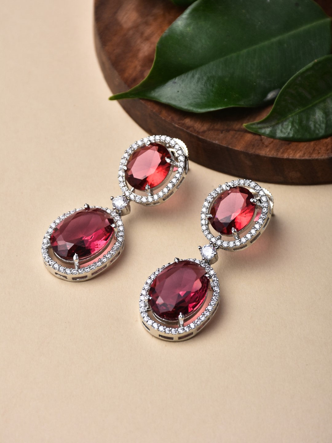 Oval Drop Earrings with CZ Stones Red