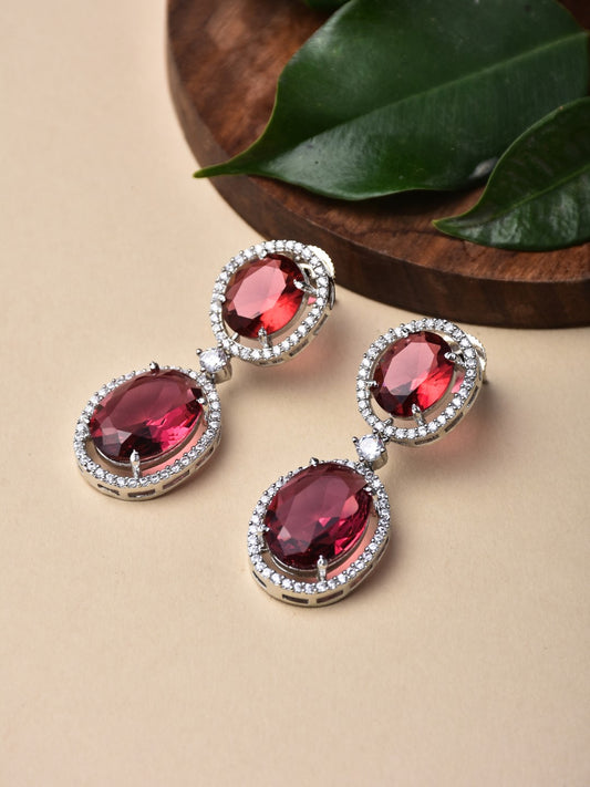 Oval Drop Earrings with CZ Stones Red