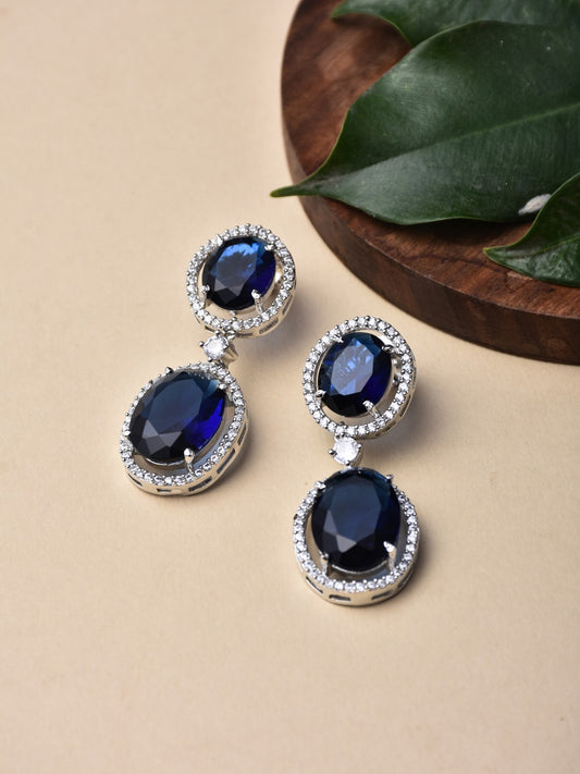 Oval Drop Earrings with CZ Stones Blue
