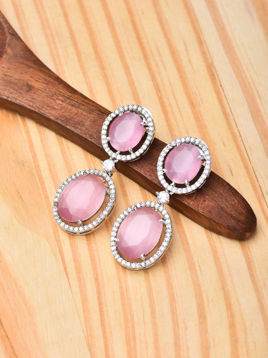 Oval Drop Earrings with CZ Stones Pink