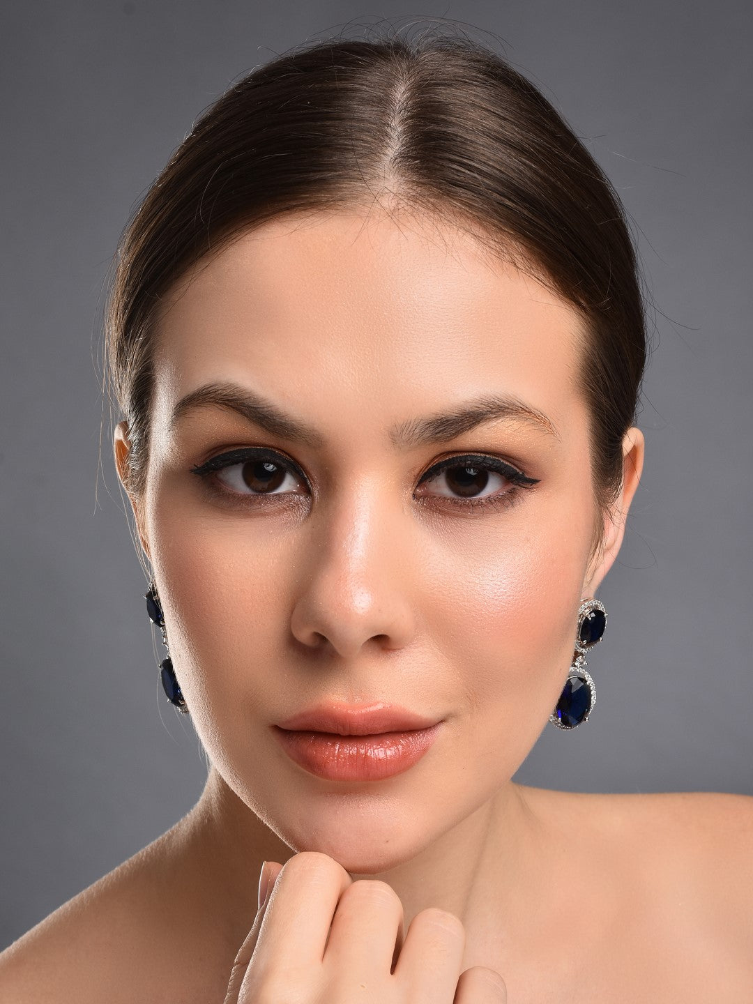 Oval Drop Earrings with CZ Stones Blue
