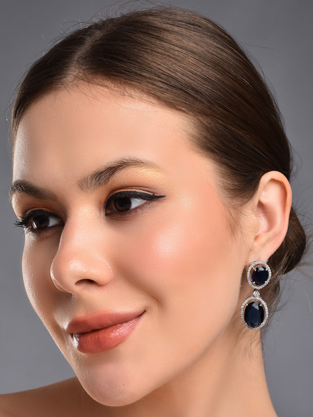 Oval Drop Earrings with CZ Stones Blue