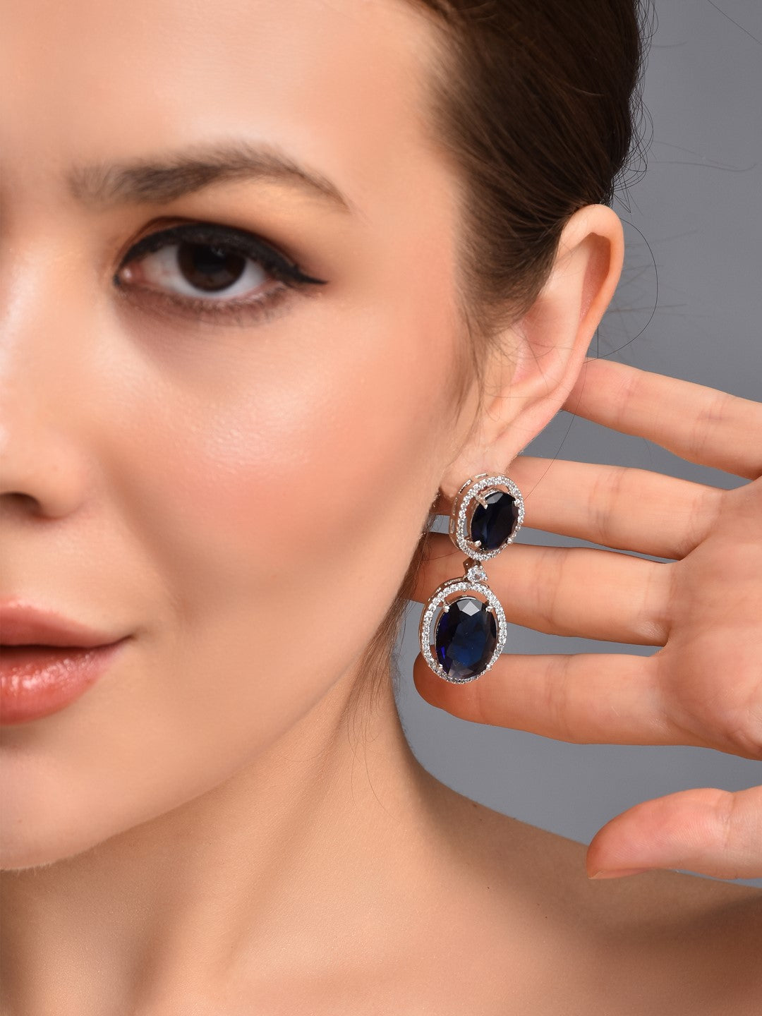 Oval Drop Earrings with CZ Stones Blue