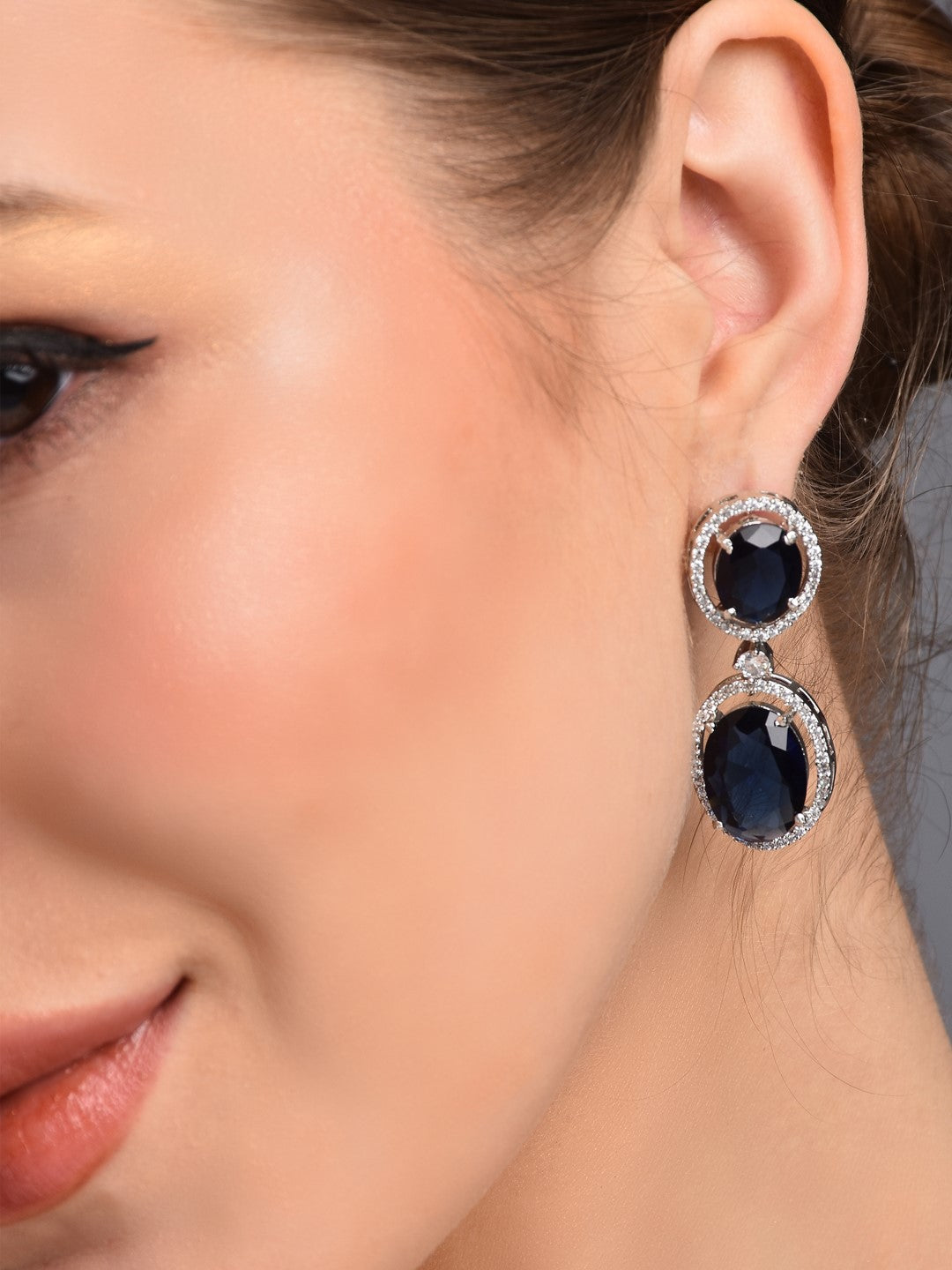 Oval Drop Earrings with CZ Stones Blue