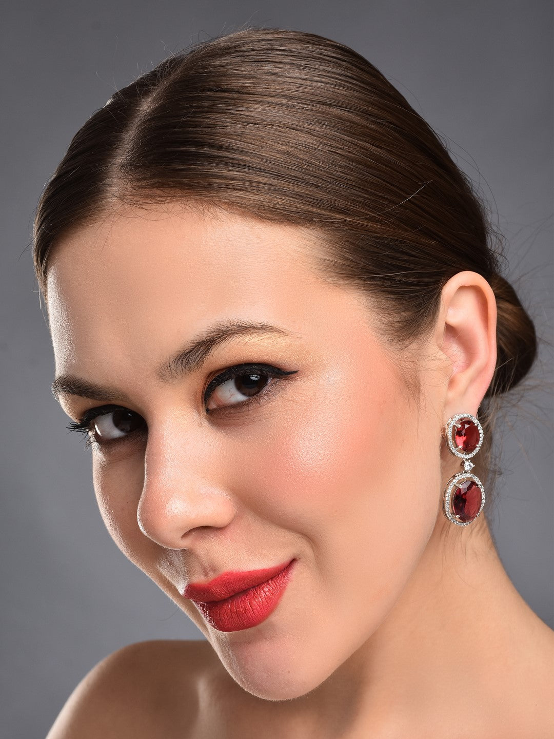 Oval Drop Earrings with CZ Stones Red
