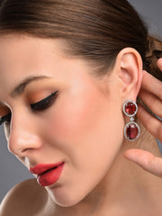 Oval Drop Earrings with CZ Stones Red