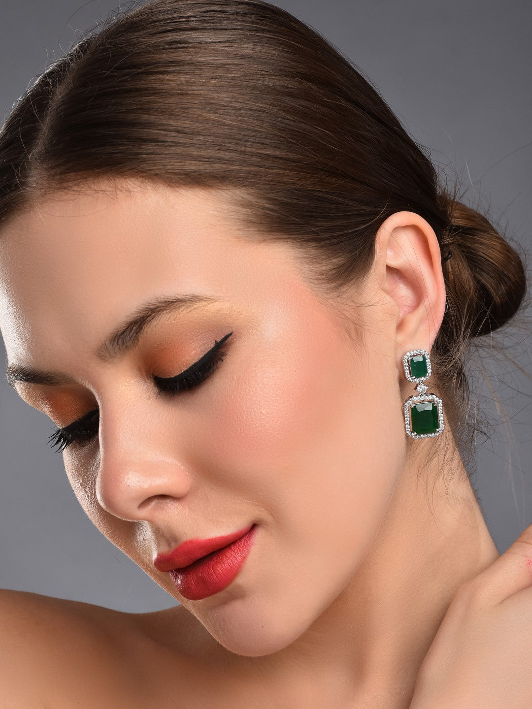 Rhodium Plated Rectangular CZ stone drop earring Green