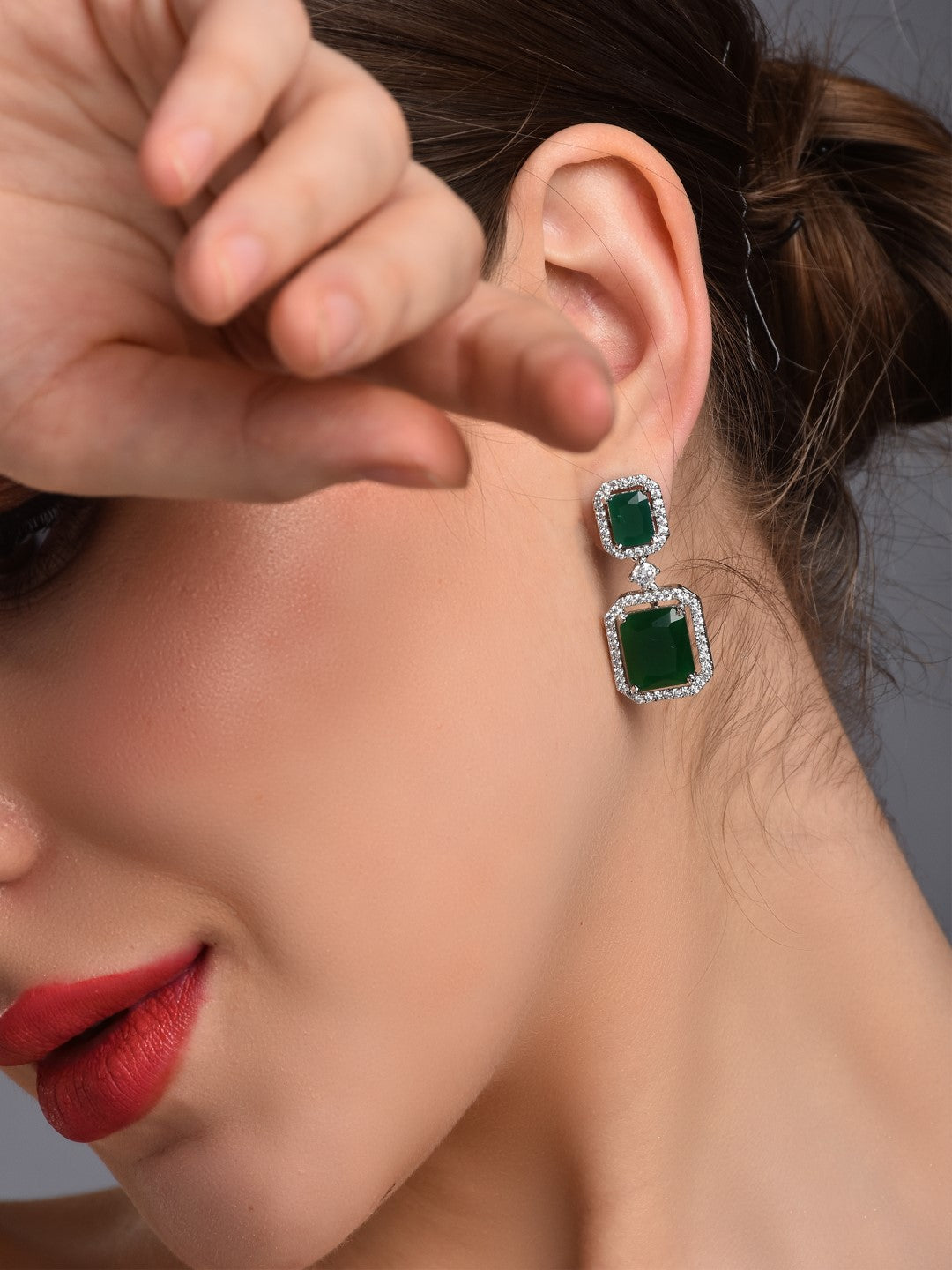 Rhodium Plated Rectangular CZ stone drop earring Green
