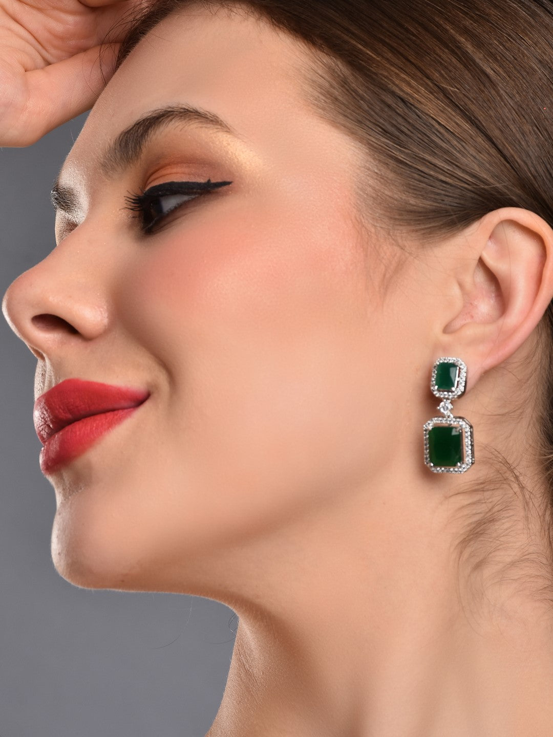 Rhodium Plated Rectangular CZ stone drop earring Green