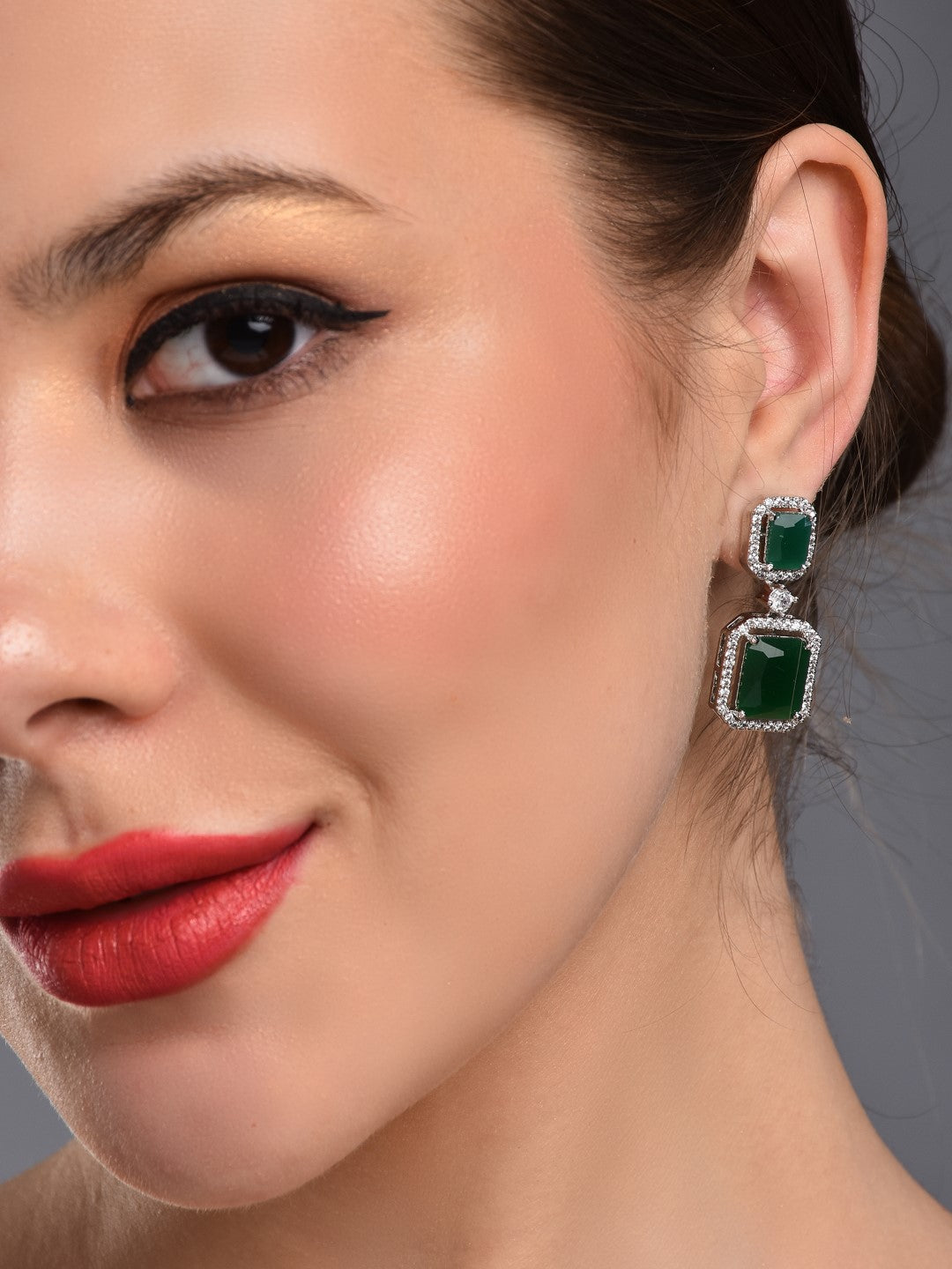 Rhodium Plated Rectangular CZ stone drop earring Green